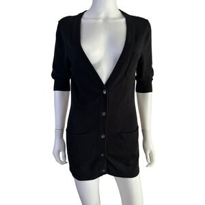 Trina Turk Womens Black Cardigan Sweater Belted Deep V Neck Minimalist Size M ?